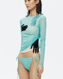 New Solid Color Mesh Splicing Velvet Palm Long Sleeve Perspective Exposed Umbilical Short Top S-L