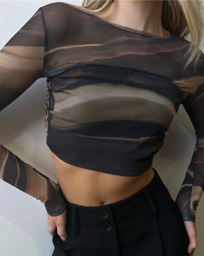 O-Neck Fashionable Long Sleeved Mesh Printed Sexy Backless Short Slim Fit Top S-L