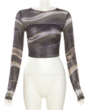 O-Neck Fashionable Long Sleeved Mesh Printed Sexy Backless Short Slim Fit Top S-L