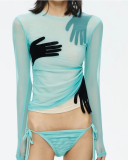 New Solid Color Mesh Splicing Velvet Palm Long Sleeve Perspective Exposed Umbilical Short Top S-L