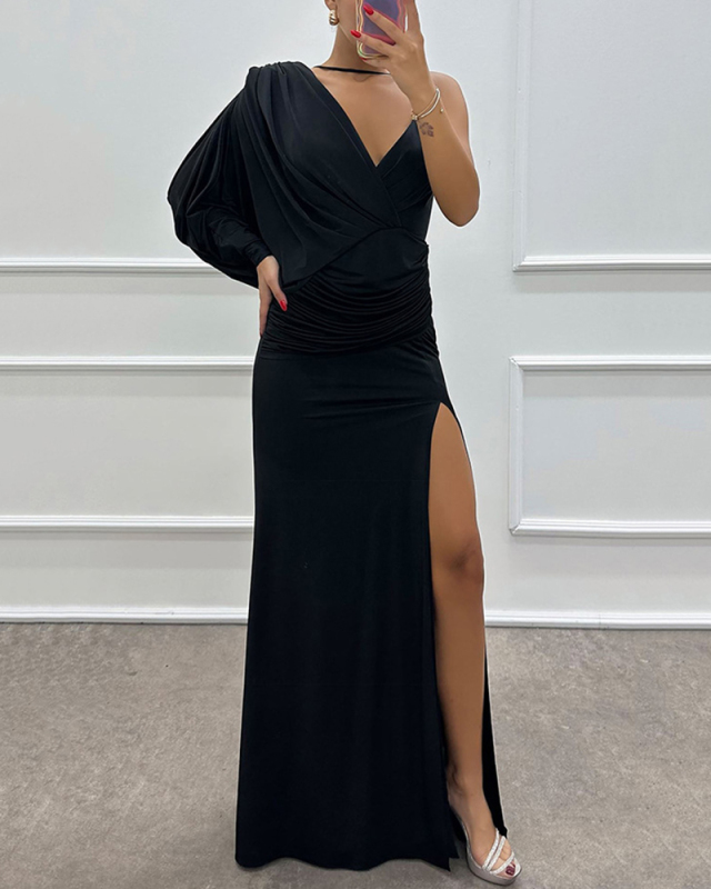 Women One Shoulder V Neck Sexy Fashion Evening Dress Date Dresses Red Black Blue Purple S-2XL
