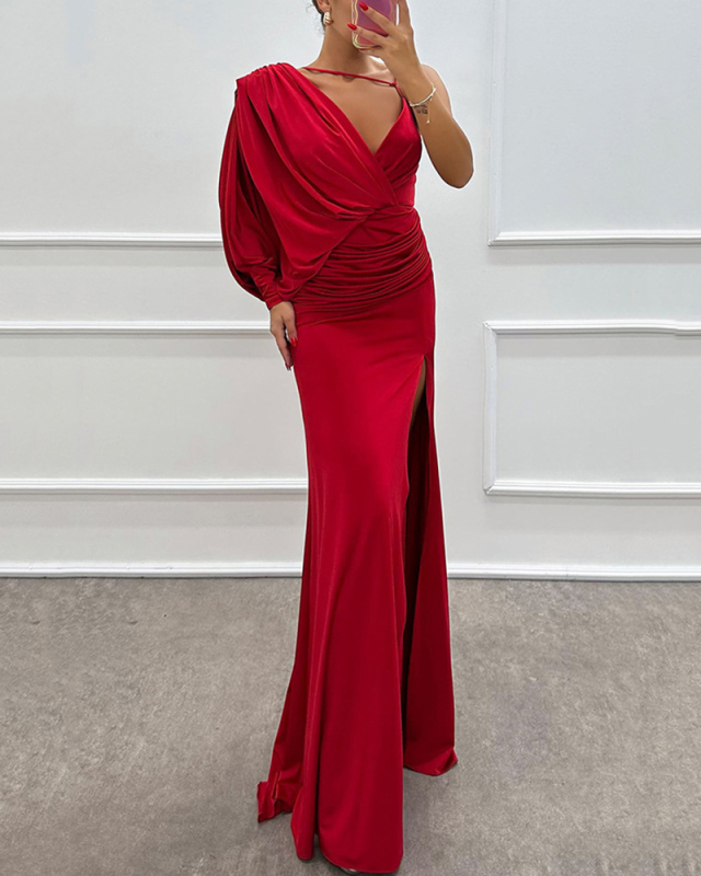 Women One Shoulder V Neck Sexy Fashion Evening Dress Date Dresses Red Black Blue Purple S-2XL