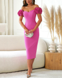 3D Floral Short Sleeve Sexy Banquet Dress Midi Elegent Evening Dress Date Wear Red Rose S-2XL