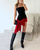 Women Valentine's Day Spaghetti Strap Slimming Sexy Bow Dress Party Dress Red White Apricot S-2XL