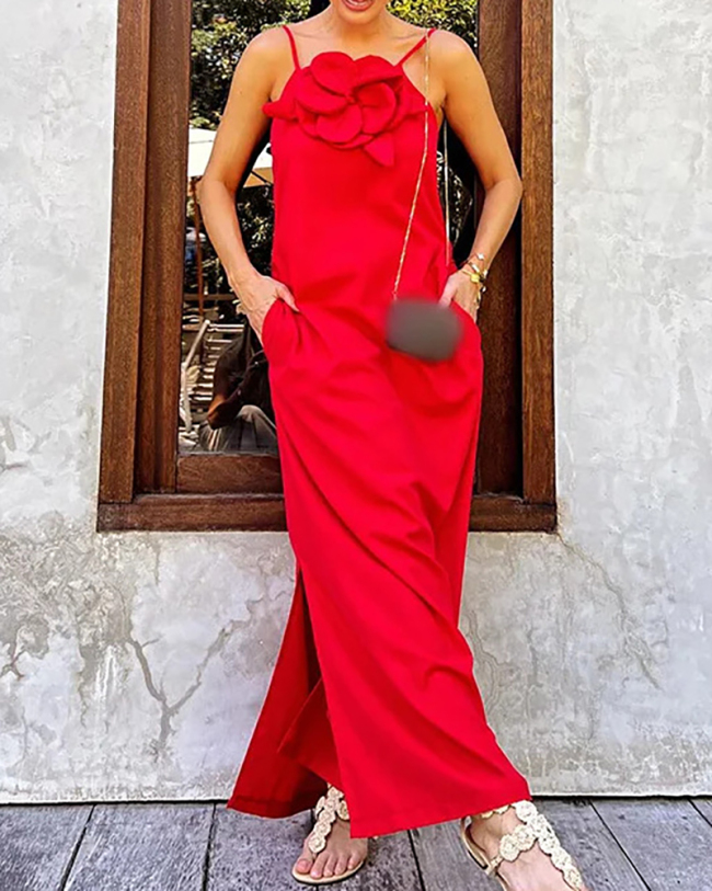 Women Trendy Spring Sling Flower Sleeveless Date Dress Red Black Apricot S-XL