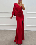 Women One Shoulder V Neck Sexy Fashion Evening Dress Date Dresses Red Black Blue Purple S-2XL
