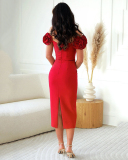 3D Floral Short Sleeve Sexy Banquet Dress Midi Elegent Evening Dress Date Wear Red Rose S-2XL