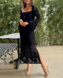 Elegant Women Square Neck Long Sleeve Lace Maxi Dress White Black S-2XL