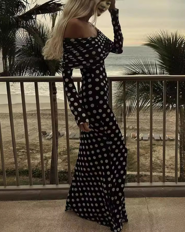 Women Spring Dot Printed Sexy Long Sleeve Off Shoulder Mesh Maxi Dress Black S-2XL