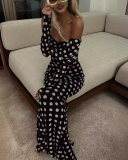 Women Spring Dot Printed Sexy Long Sleeve Off Shoulder Mesh Maxi Dress Black S-2XL