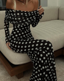 Women Spring Dot Printed Sexy Long Sleeve Off Shoulder Mesh Maxi Dress Black S-2XL