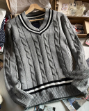 Women V Neck Colorblock Pullover Long Sleeve Loose Sweater One Size