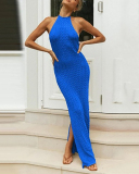 Women High Slit Hollow Out Halter Neck Beach One-piece Dress Yellow Black Blue S-L