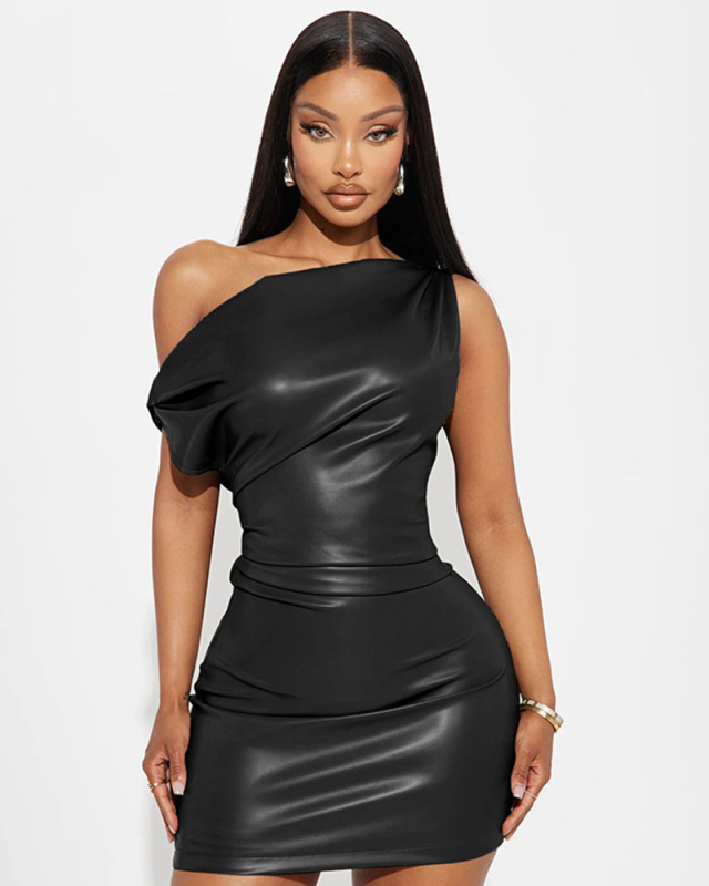 PU Slash Neck Fashion Slim Sexy Party Mini Women One-piece Dress Black Yellow Green Red Khaki S-L
