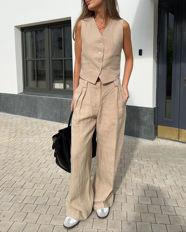 Office Lady Vest Casual Pants Suit Two-piece Sets Khaki Orange Black S-L