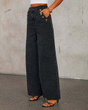 Fashionable Temperament New Button Sleeveless Vest Wide Leg Jeans Denim Suit Black Blue S-2XL