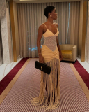 Elegant Women Sling Hollow Out Tassel Maxi Dress Evening Dress Champagne S-L