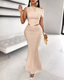 Elegant Sexy Female Commuting Temperament Banquet Skirt Solid Color Single Shoulder Pleated Fish Tail Skirt Set