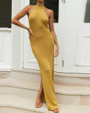 Women High Slit Hollow Out Halter Neck Beach One-piece Dress Yellow Black Blue S-L