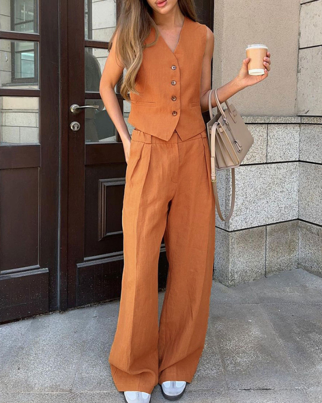 Office Lady Vest Casual Pants Suit Two-piece Sets Khaki Orange Black S-L