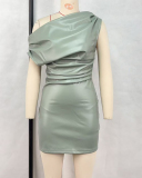PU Slash Neck Fashion Slim Sexy Party Mini Women One-piece Dress Black Yellow Green Red Khaki S-L