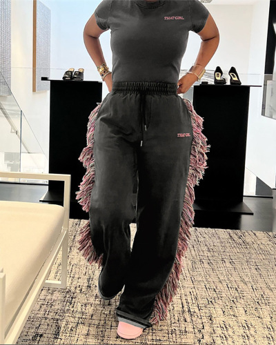 Short Sleeve Women Fashion Fringe Two Piece Pant Set S-L