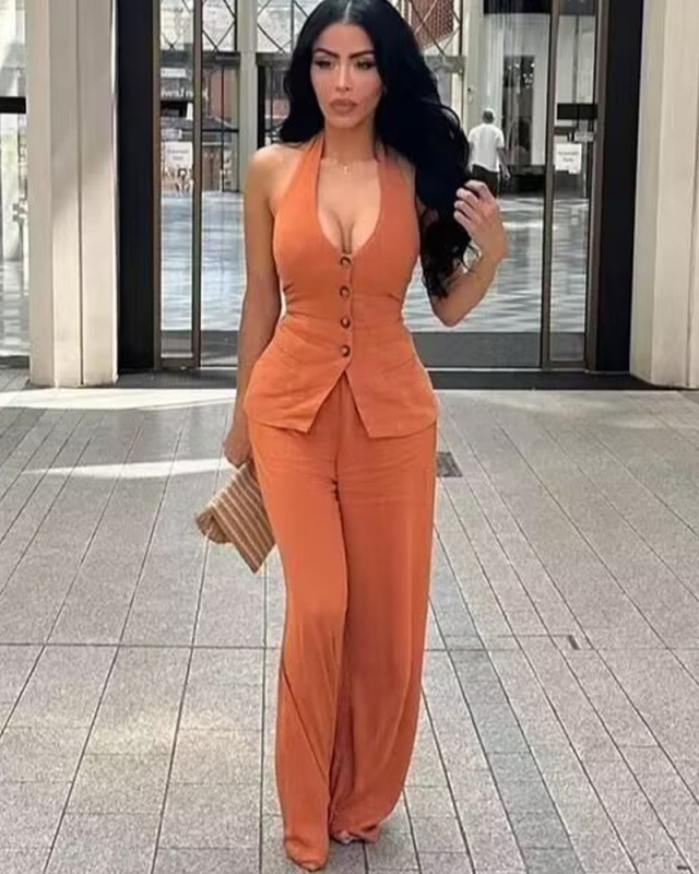 Elegant Office Lady Fashion Sleeveless Vest Pants Suits Two-piece Sets Orange Khaki Green Black Red S-L