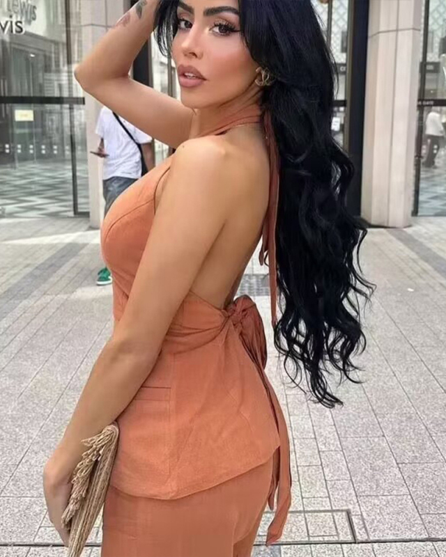 Elegant Office Lady Fashion Sleeveless Vest Pants Suits Two-piece Sets Orange Khaki Green Black Red S-L