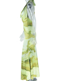 Women Printing Halter Neck Backless Maxi One-piece Dress Yellow Green S-L