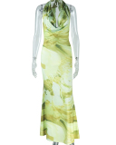 Women Printing Halter Neck Backless Maxi One-piece Dress Yellow Green S-L