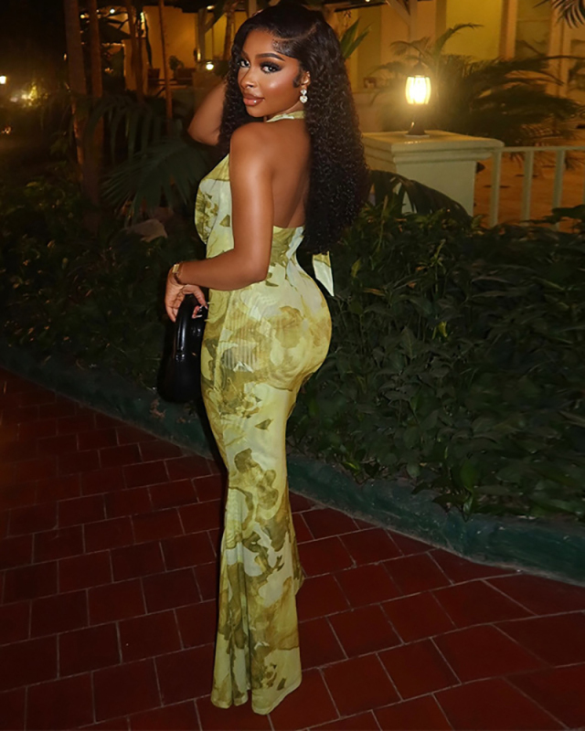 Women Printing Halter Neck Backless Maxi One-piece Dress Yellow Green S-L