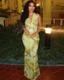 Women Printing Halter Neck Backless Maxi One-piece Dress Yellow Green S-L