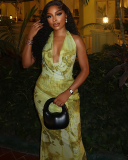 Women Printing Halter Neck Backless Maxi One-piece Dress Yellow Green S-L