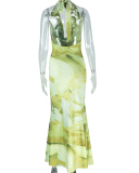 Women Printing Halter Neck Backless Maxi One-piece Dress Yellow Green S-L