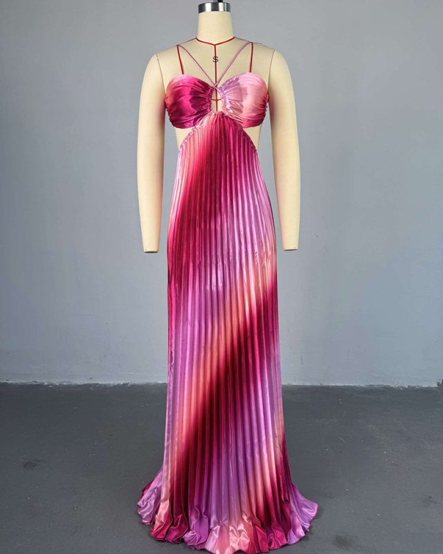 Women Halter Neck Backless Holiday Vacation Maxi Dress Pink S-2XL