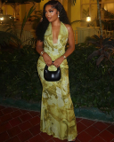 Women Printing Halter Neck Backless Maxi One-piece Dress Yellow Green S-L