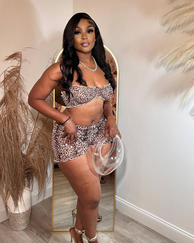 Leopard Sexy Women Short Sets Two pieces Outfit Brown S-L