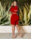 Women Sports Casual Style Long Sleeve Bra Midi Shorts Three Pieces Outfit Red Blue S-2XL