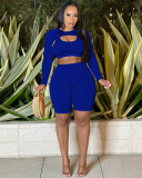 Women Sports Casual Style Long Sleeve Bra Midi Shorts Three Pieces Outfit Red Blue S-2XL