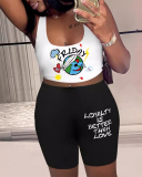 Fashion Sleeveless Printed Fashion Short Sets Two pieces Outfit White Black XS-3XL