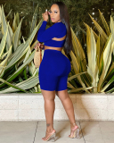 Women Sports Casual Style Long Sleeve Bra Midi Shorts Three Pieces Outfit Red Blue S-2XL