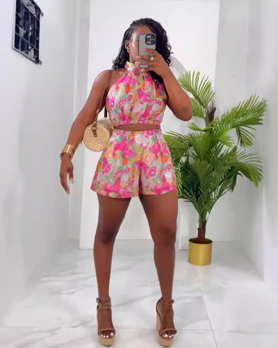 Women Printed Sleeveless Sexy Fashion Short Sets Two Pieces Outfit Pink S-3XL