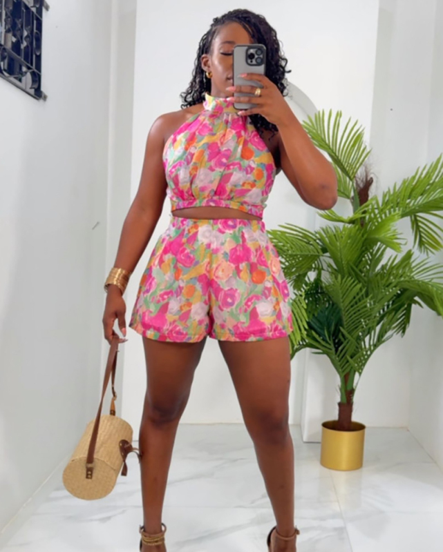 Women Printed Sleeveless Sexy Fashion Short Sets Two Pieces Outfit Pink S-3XL