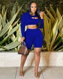 Women Sports Casual Style Long Sleeve Bra Midi Shorts Three Pieces Outfit Red Blue S-2XL