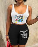 Fashion Sleeveless Printed Fashion Short Sets Two pieces Outfit White Black XS-3XL