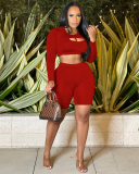 Women Sports Casual Style Long Sleeve Bra Midi Shorts Three Pieces Outfit Red Blue S-2XL