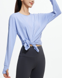 Women Long Sleeve O Neck Slide Slit Sports T-shirt S-2XL