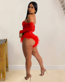 Woman Sequin Long Sleeve Sexy Feather Rompers Black Red Gold Silver S-2XL