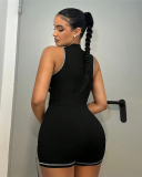 Women Mesh Patchwork Sleeveless Zipper Front Romper Black S-L