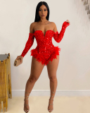 Woman Sequin Long Sleeve Sexy Feather Rompers Black Red Gold Silver S-2XL